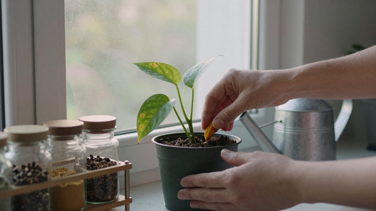 Pessoa a cuidar de planta em vaso perto de janela com frascos de especiarias e regador na cozinha.