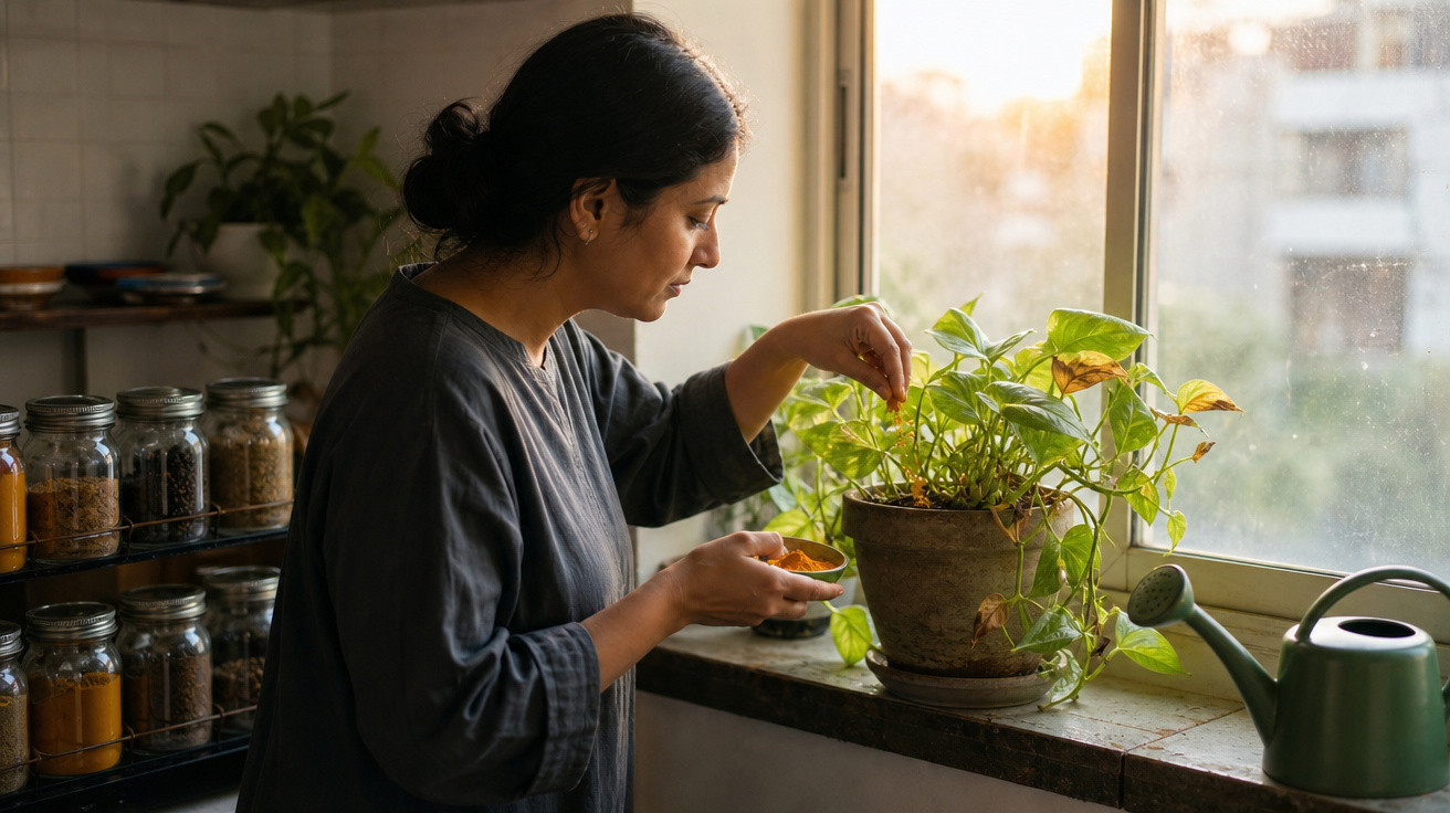 Mulher a cuidar de planta em vaso junto à janela, com regador verde ao lado, em cozinha iluminada.