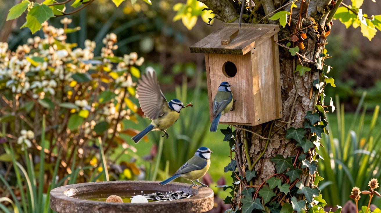 Três pássaros coloridos junto a uma casa de madeira para aves numa árvore, com natureza ao fundo.