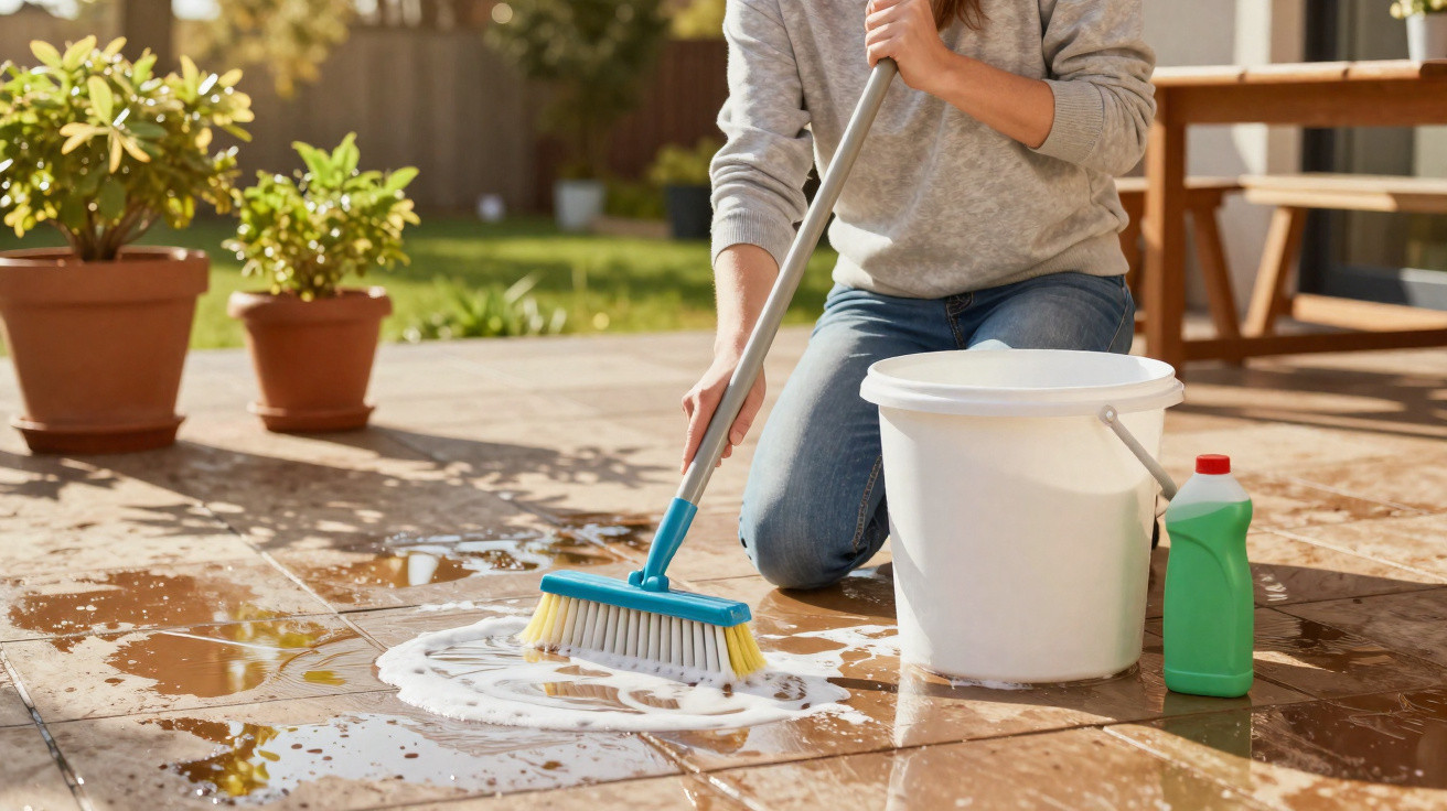 Pessoa a limpar o chão exterior com escova, balde branco e detergente verde num dia ensolarado.