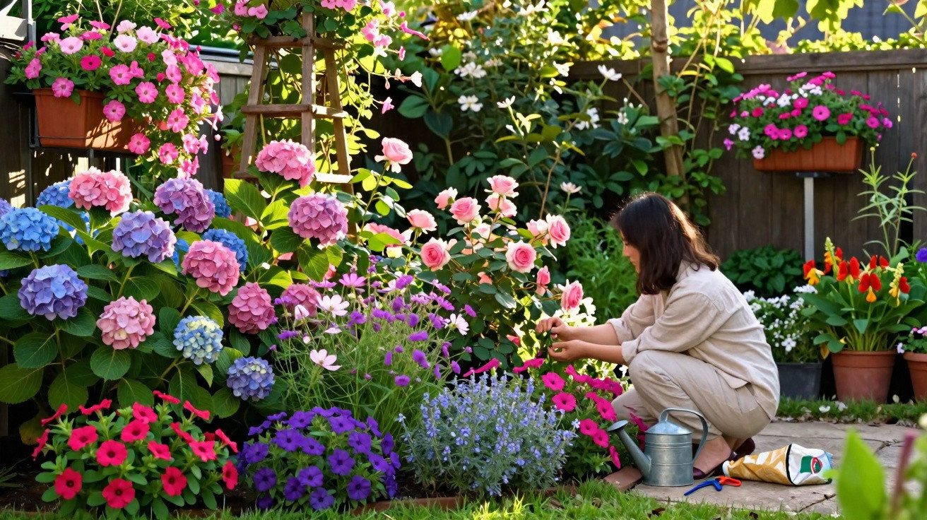 Mulher a cuidar de flores coloridas num jardim ensolarado com regador e ferramentas perto.