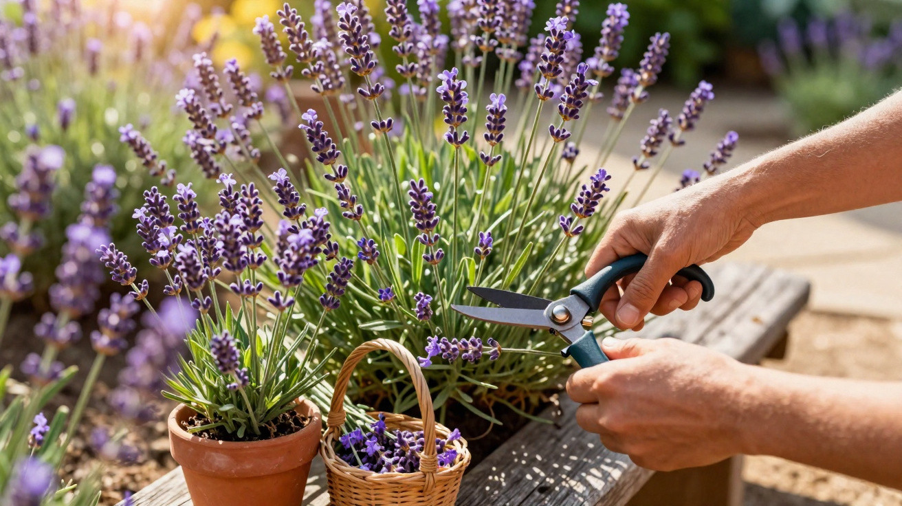 Pessoa a cortar flores de lavanda com tesoura de poda junto a vaso e cesta num jardim ensolarado.