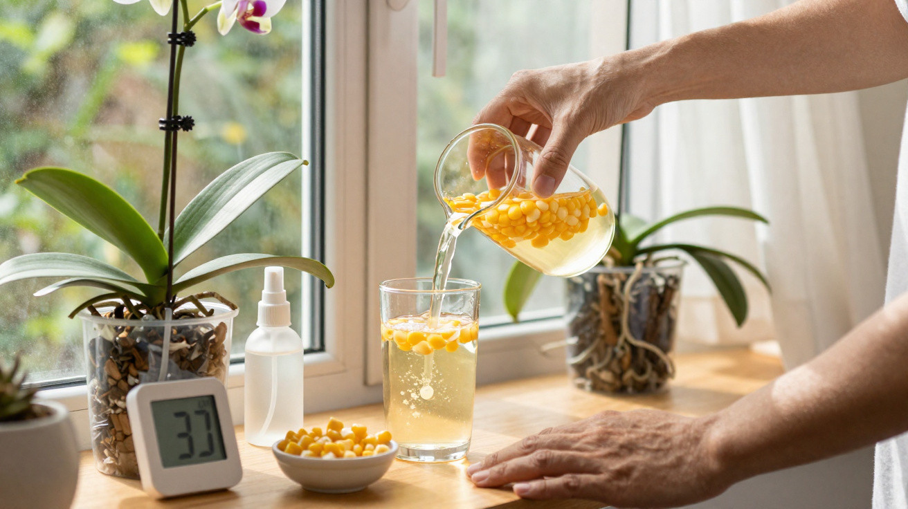 Pessoa a verter bebida com bolinhas amarelas num copo, numa cozinha luminosa com plantas na janela.