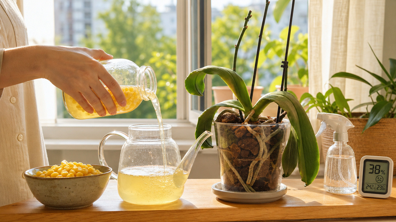 Pessoa a verter água numa regadora transparente ao lado de uma orquídea e um humidificador num peitoril iluminado.