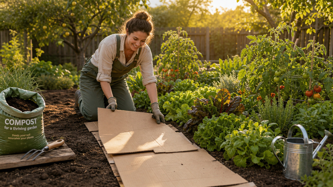 Mulher a colocar cartão no solo de um jardim, rodeada de plantas verdes e luz solar suave ao fundo.