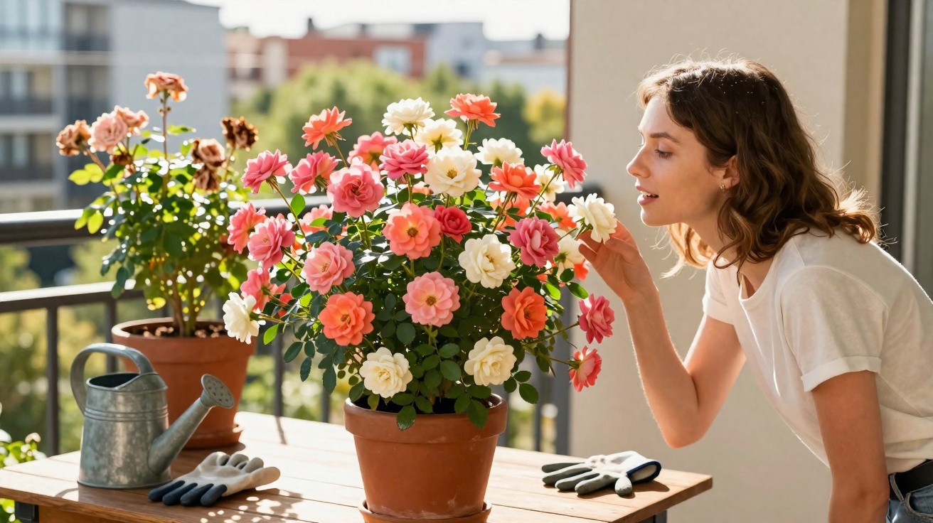 Mulher a cheirar flores coloridas em vasos num terraço urbano ensolarado.