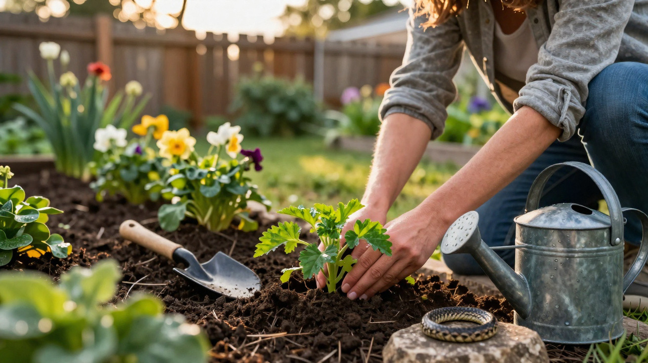 Pessoa a plantar uma muda em solo de jardim com regador e enxada ao lado durante o dia.