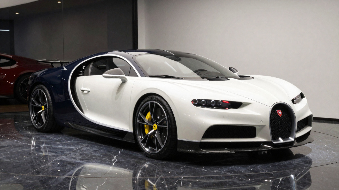 Carro desportivo Bugatti Chiron branco e azul estacionado numa sala com chão em mármore preto.