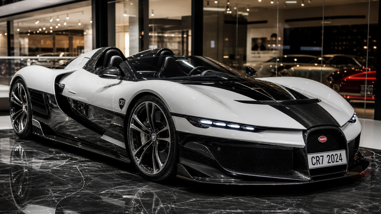 Carro desportivo Bugatti CR7 branco e preto estacionado num piso de mármore interior.
