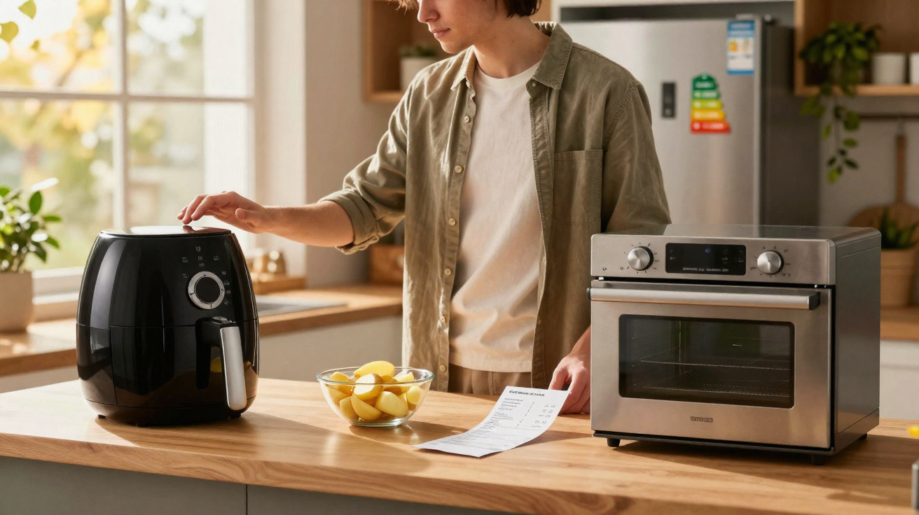 Pessoa usando uma fritadeira elétrica de ar numa cozinha moderna com forno e taça de batatas ao lado.