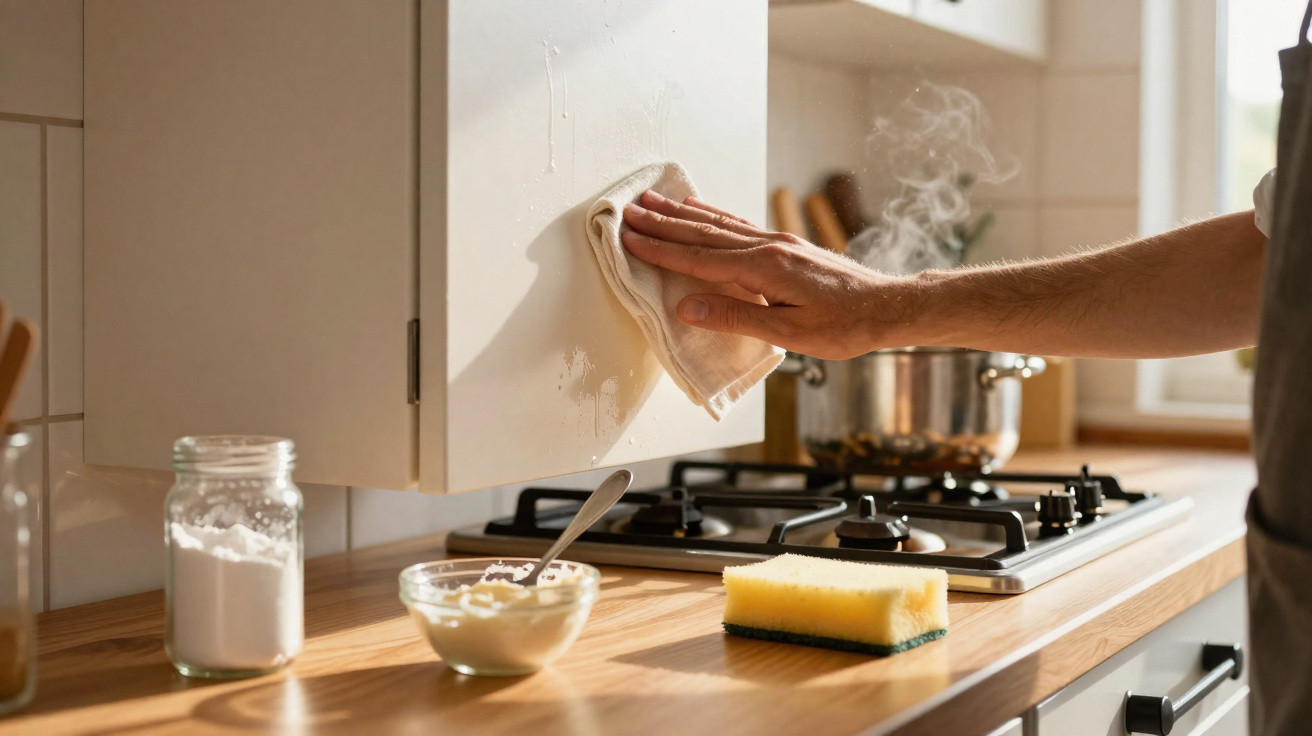 Mão a limpar armário branco na cozinha com pano, ao lado de fogão com panela a ferver e utensílios.