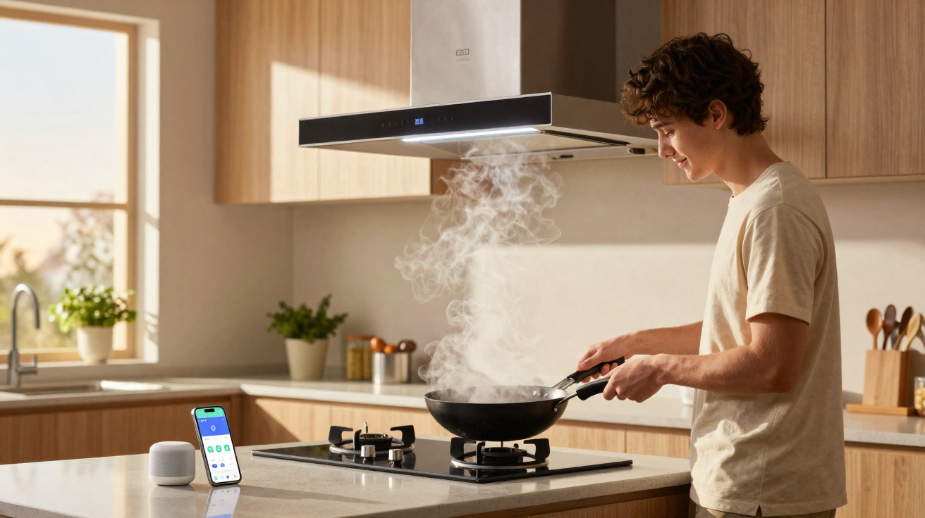 Jovem a cozinhar numa cozinha moderna com exaustor e dispositivos inteligentes na bancada.