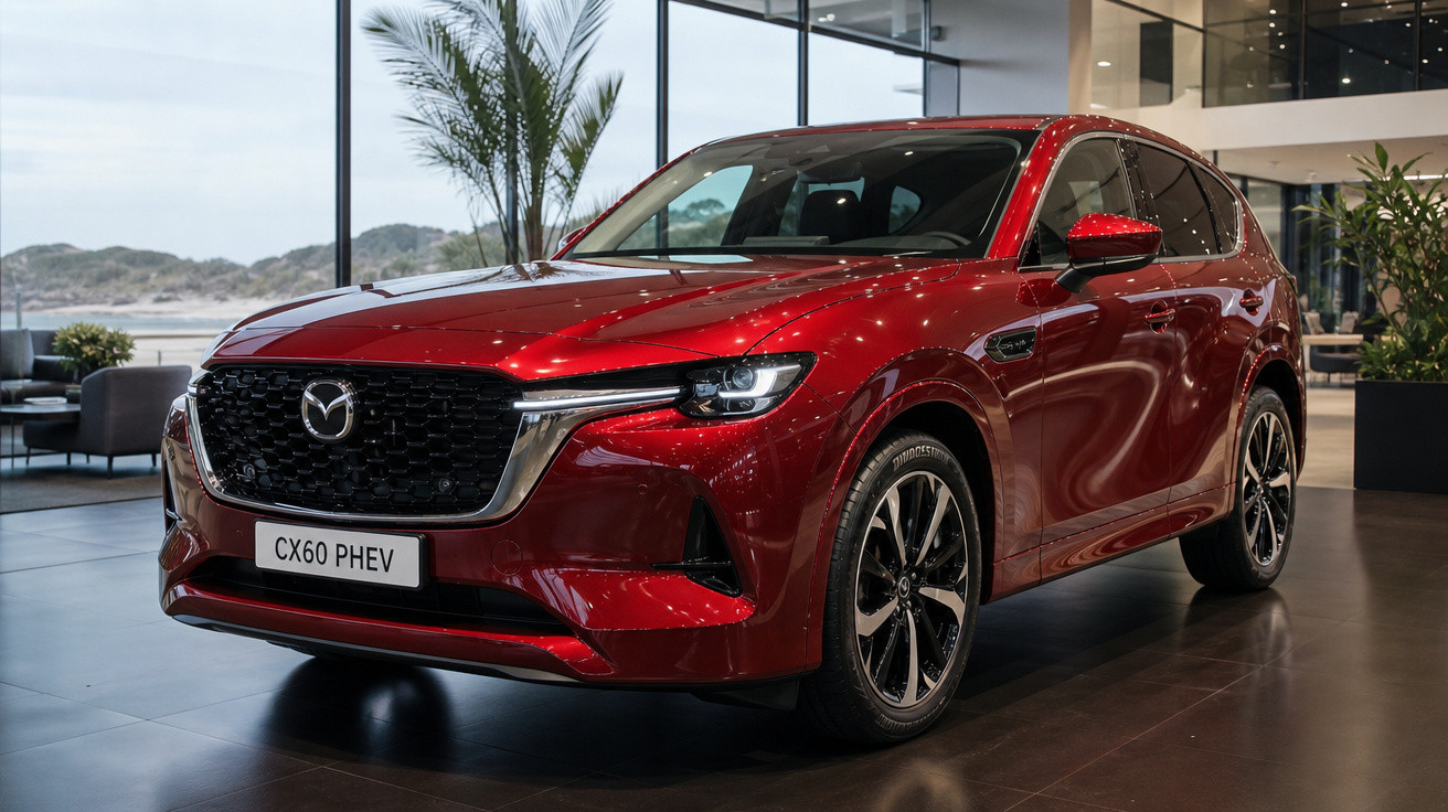 Automóvel Mazda CX60 PHEV vermelho, SUV, exposto em showroom moderno com grandes janelas e plantas decorativas.