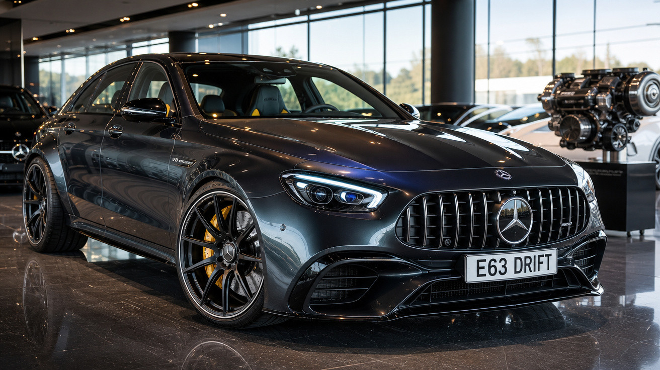 Mercedes-Benz E63 Drift preto com jantes desportivas numa loja moderna de automóveis.