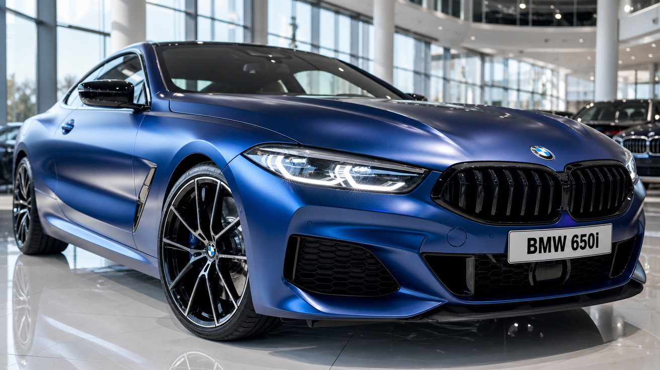 Carro desportivo BMW 650i azul metalizado estacionado num salão moderno com piso branco brilhante.