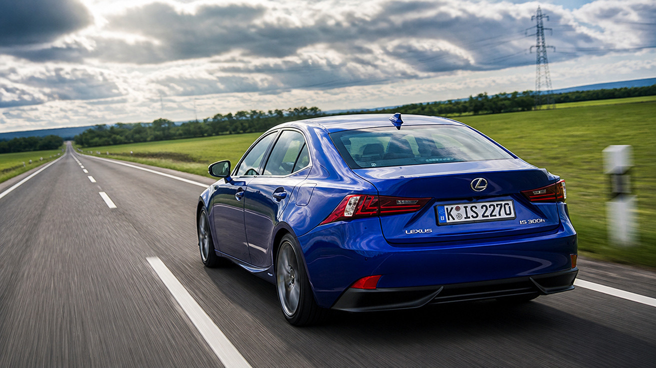 Carro azul Lexus IS 300h a circular numa estrada reta com campos verdes e céu nublado ao fundo.