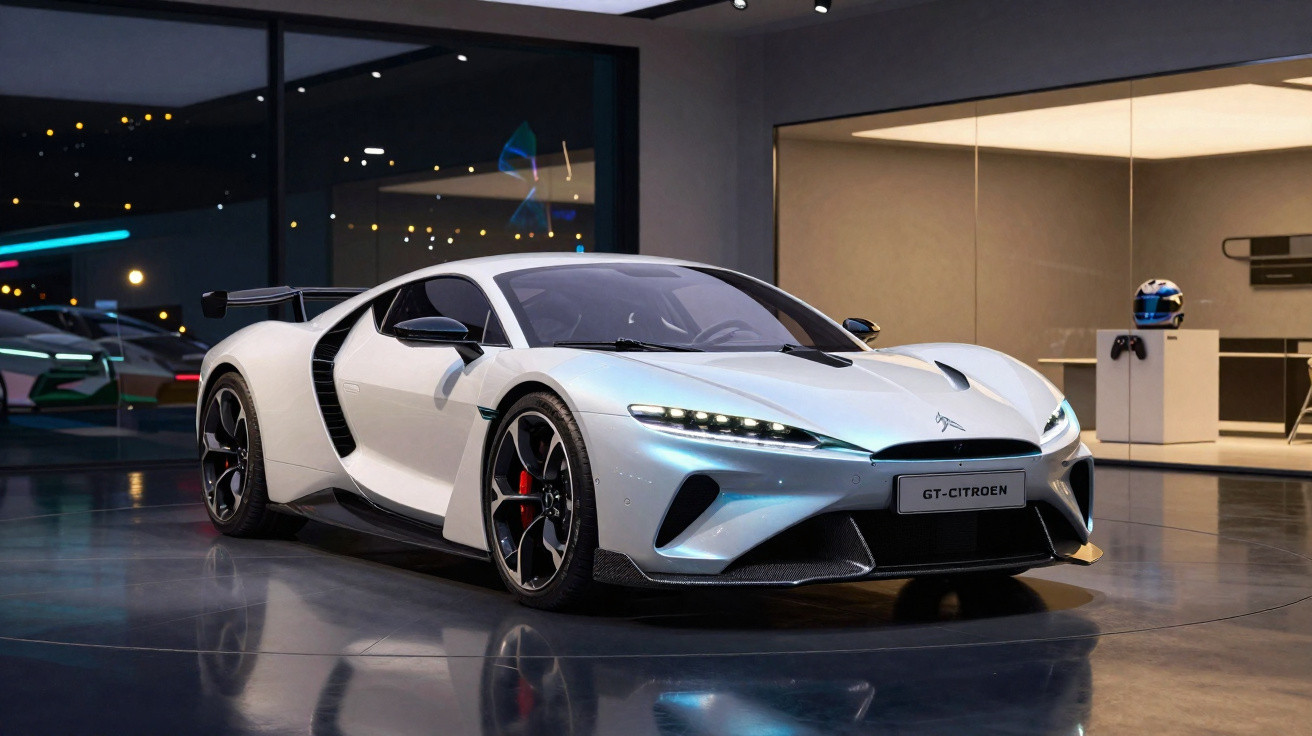 Carro desportivo branco Citroën GT estacionado num espaço interior moderno e iluminado.