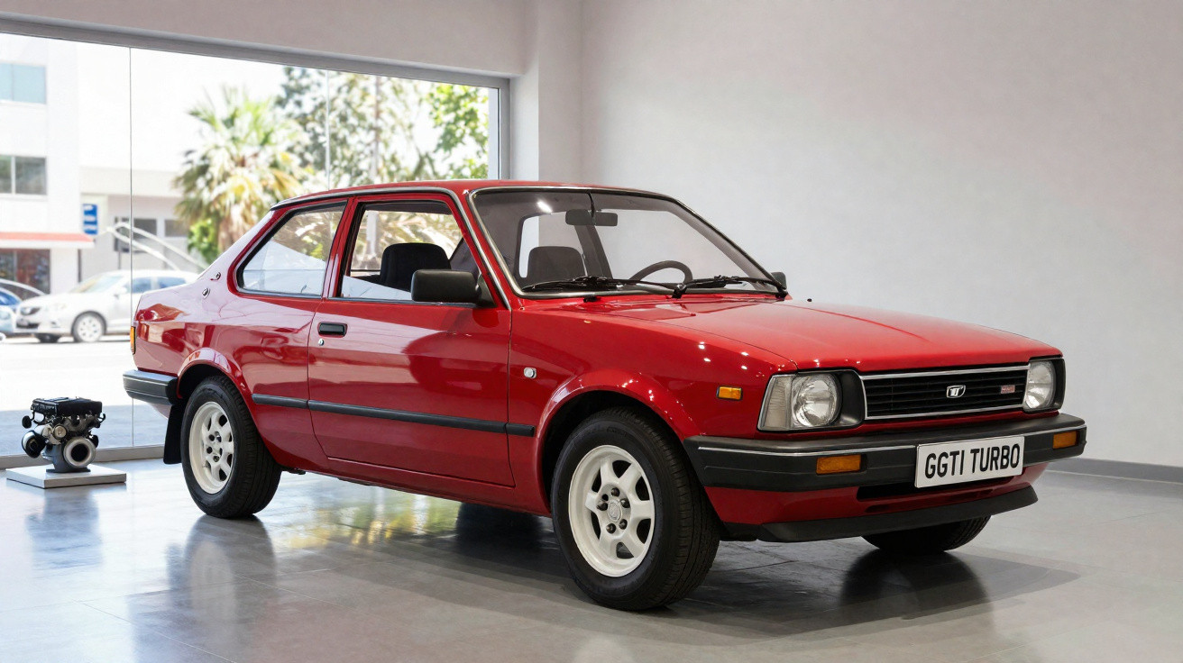 Carro desportivo clássico vermelho, dois lugares, modelo GTI Turbo, exposto em sala moderna com chão cinza.