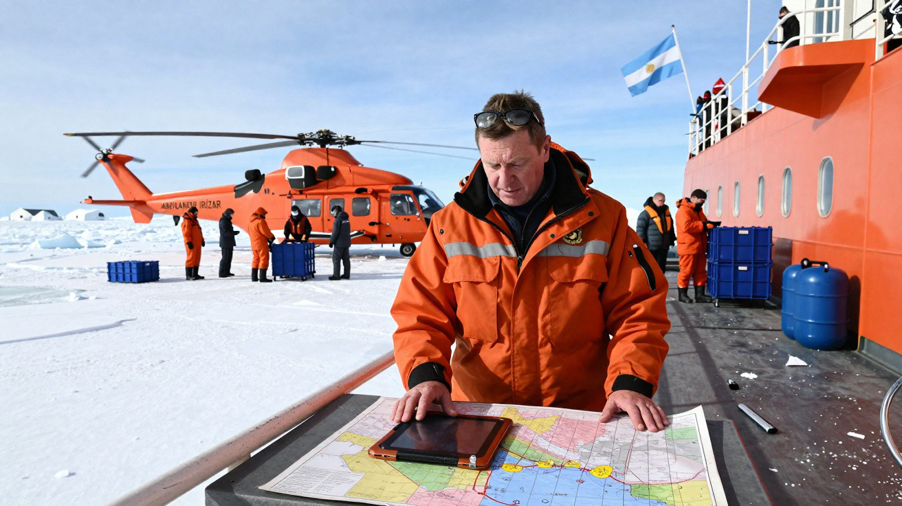 Homem com casaco laranja consulta mapa num navio rodeado de gelo, com helicóptero e pessoas ao fundo.