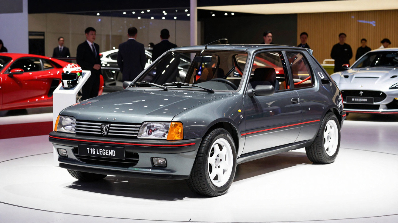 Peugeot 205 T16 Legend cinzento exposto em salão automóvel com outras viaturas e pessoas ao fundo.