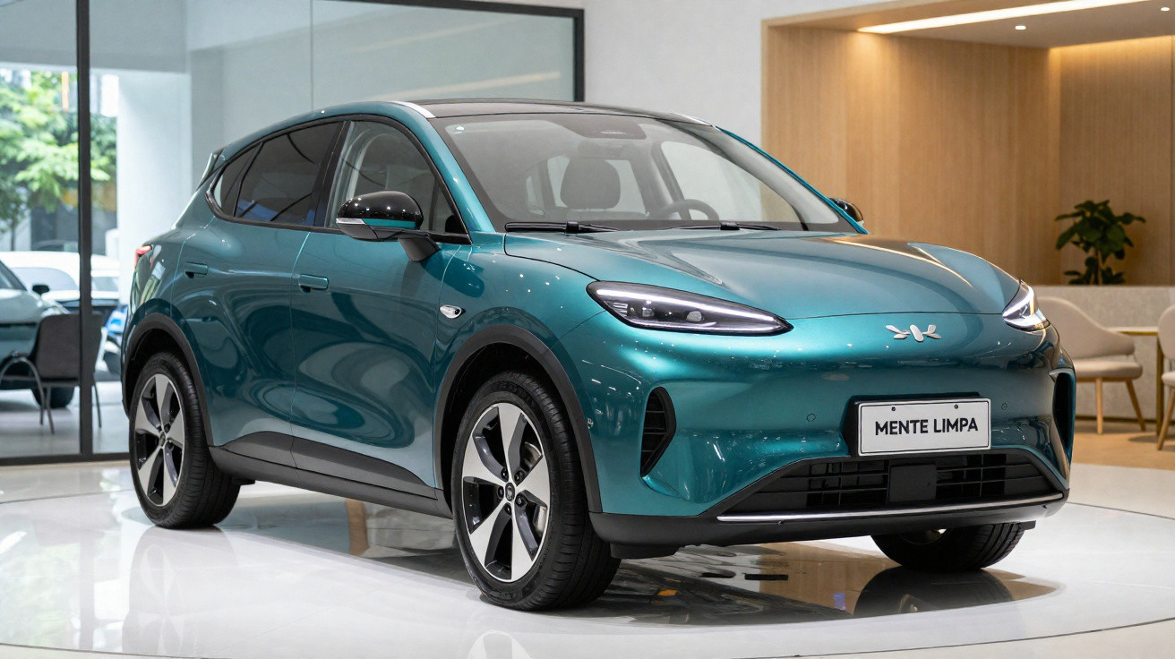 Carro elétrico azul metálico em ambiente interior moderno, com placa frontal "Mente Limpa"
