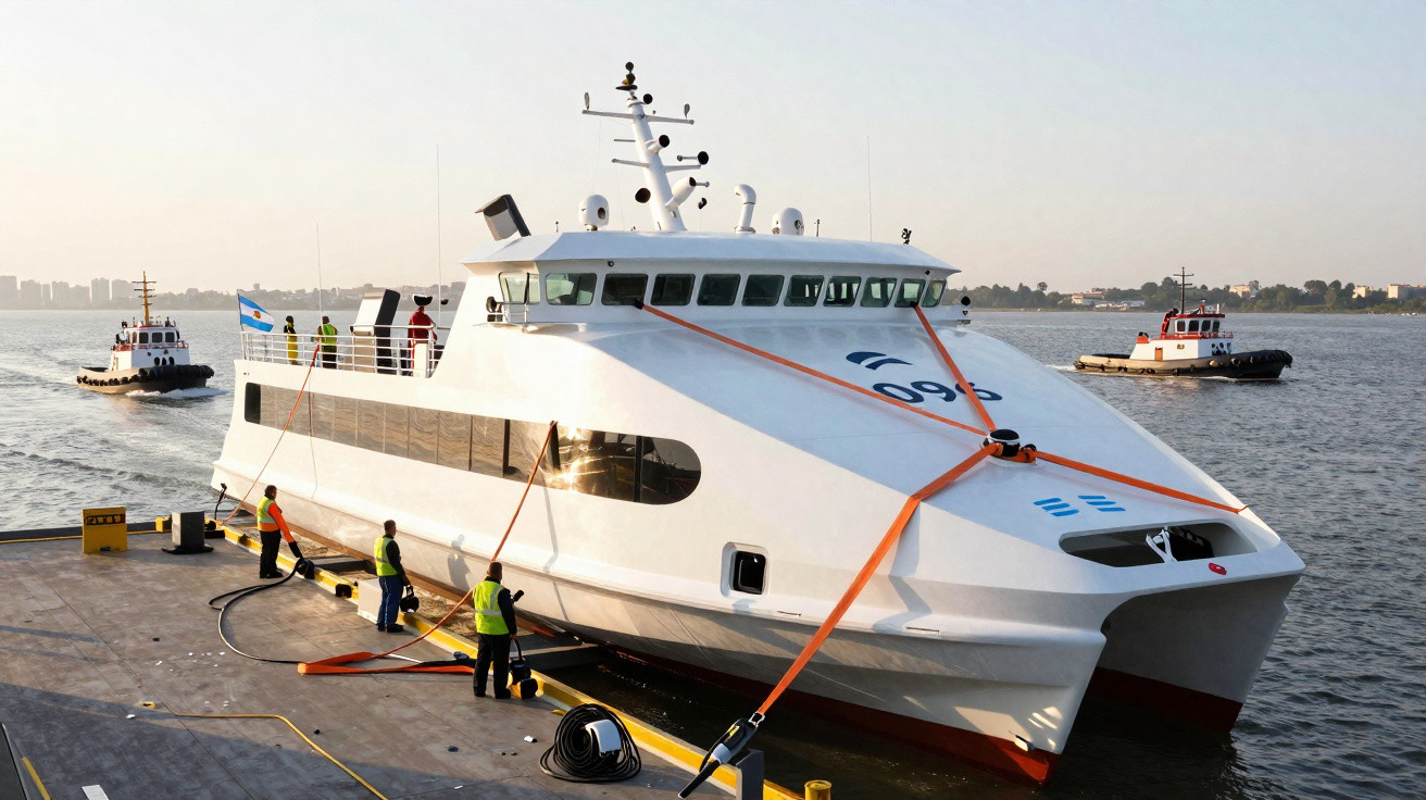 Barco branco atracado no cais com várias pessoas a trabalhar e dois rebocadores ao fundo na água.