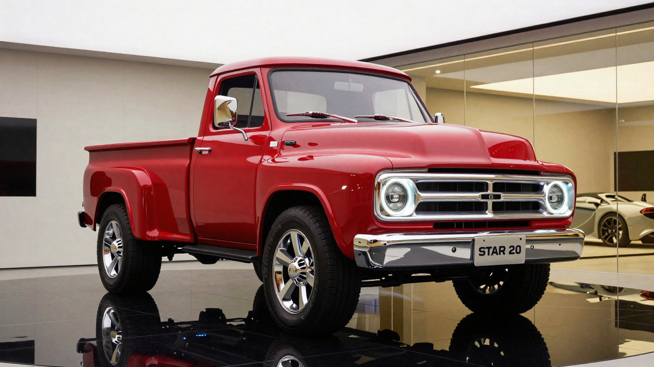 Pequena carrinha pick-up vermelha clássica, modelo Star 20, exposta num salão moderno com chão refletor.