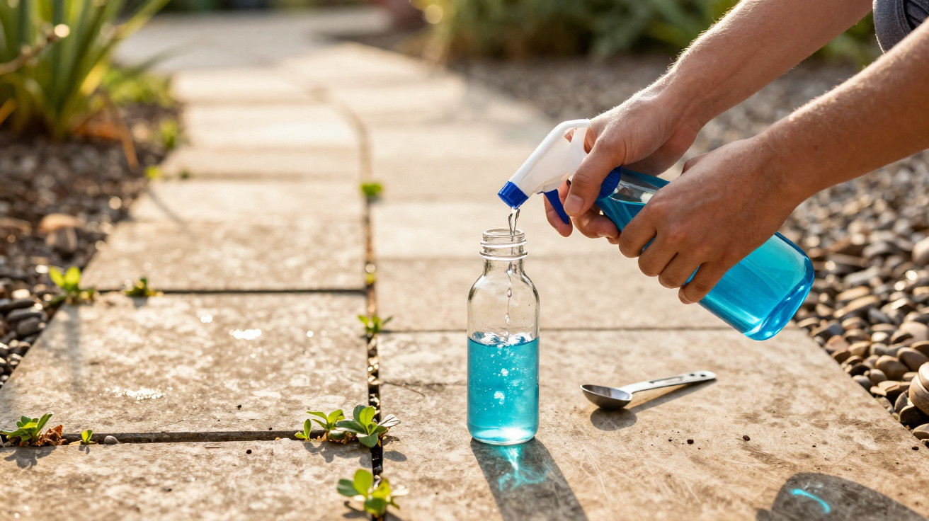 Pessoa a encher uma garrafa de vidro com líquido azul a partir de um pulverizador num caminho exterior.