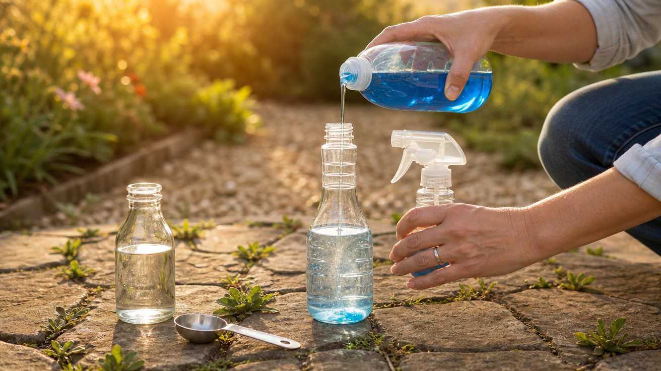Pessoa a encher um frasco pulverizador com líquido azul para jardinagem ao ar livre.