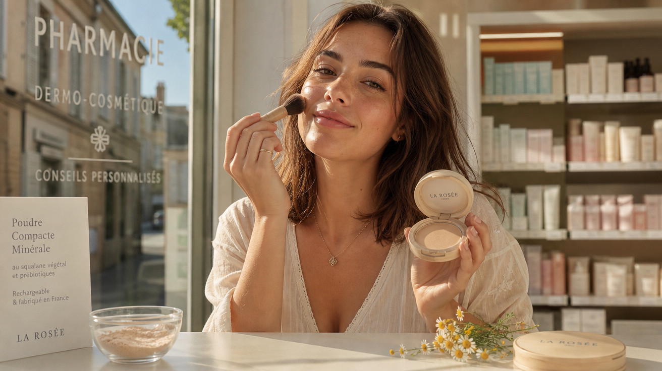 Mulher aplica pó mineral no rosto numa farmácia, segurando produto e pincel com sorriso suave.