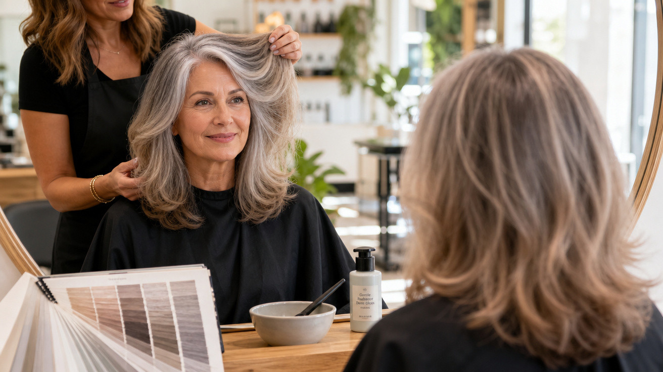 Mulher com cabelo grisalho sendo penteada por cabeleireira num salão, refletida em espelho.