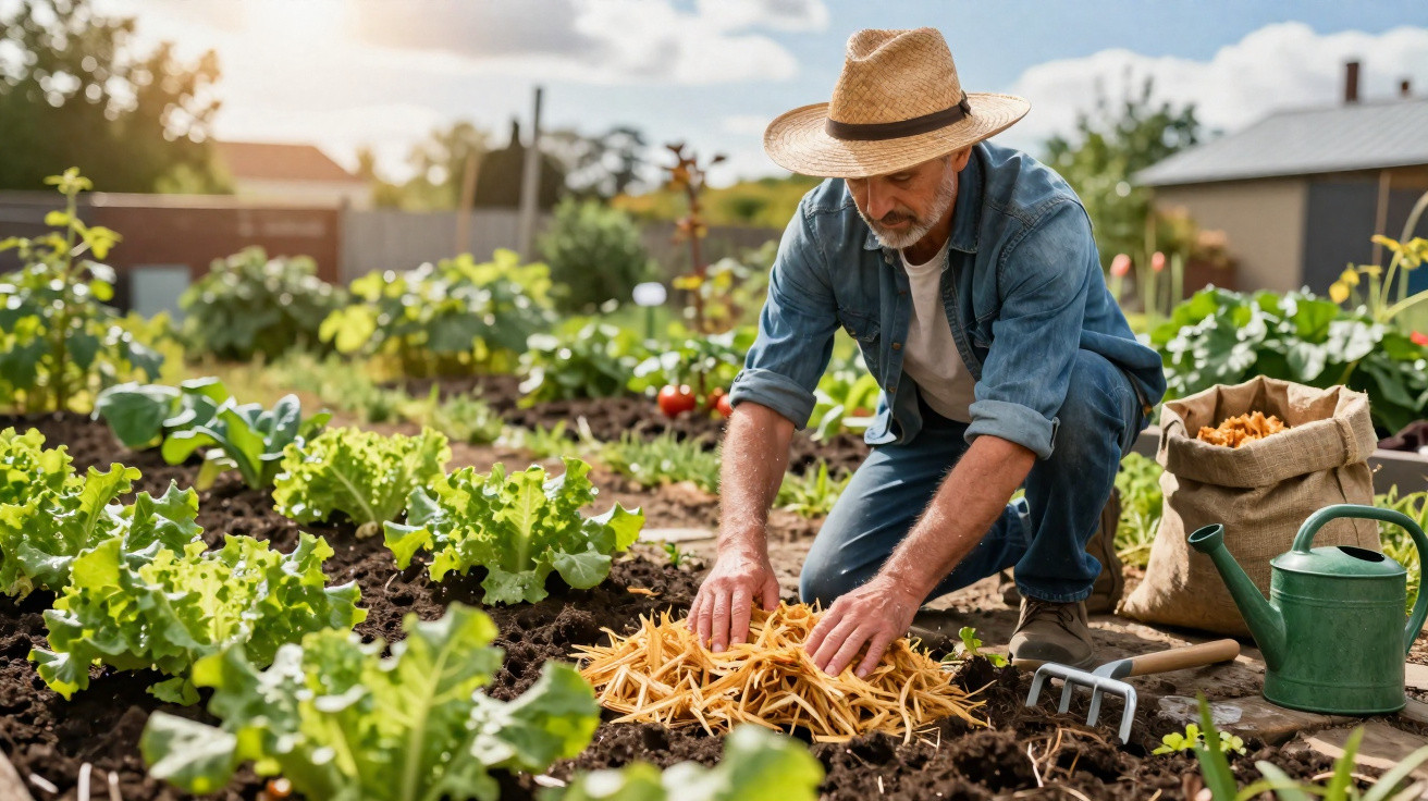 Homem a colocar palha no solo de uma horta caseira com várias plantas verdes ao redor.