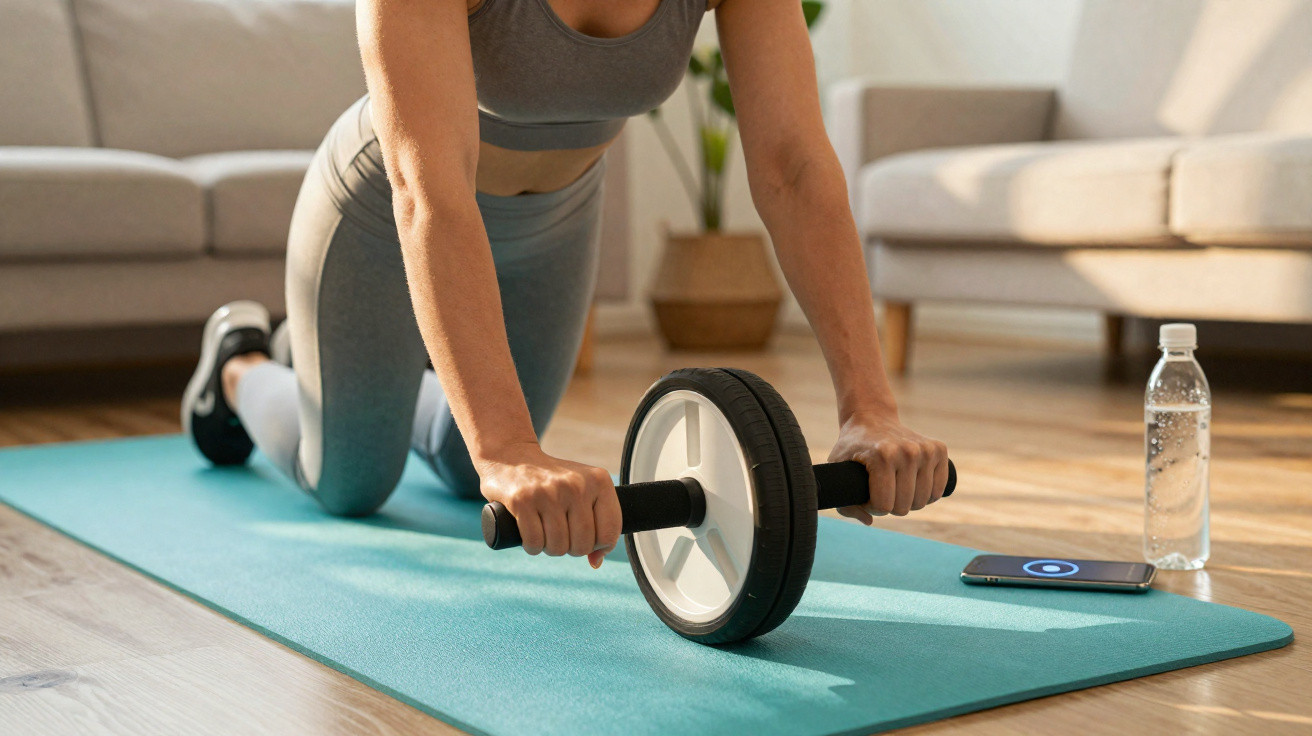 Pessoa a fazer exercício com roda para abdominais numa sala iluminada, com tapete azul, garrafa de água e telemóvel.