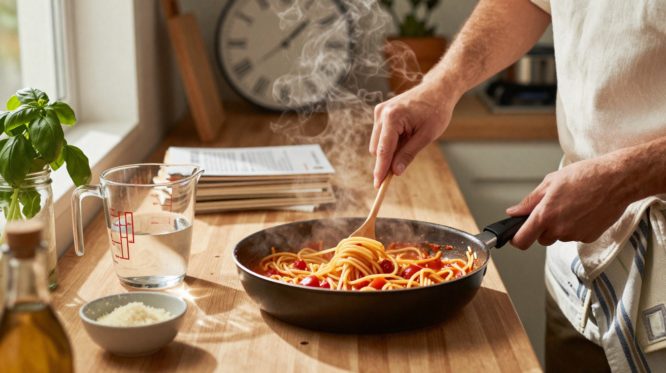 Pessoa a mexer esparguete com molho de tomate e tomate cereja numa frigideira numa cozinha bem iluminada.