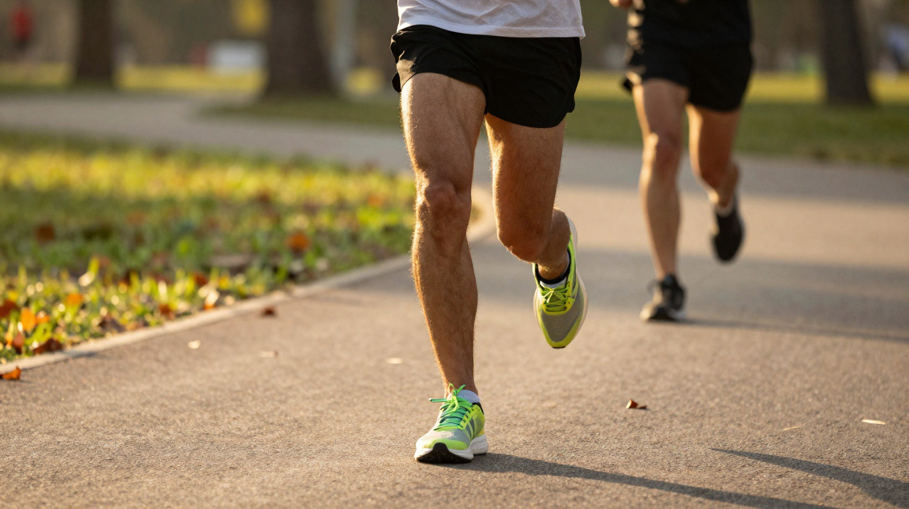 Pessoas a correr num parque, destacando as pernas e os ténis numa manhã soalheira.
