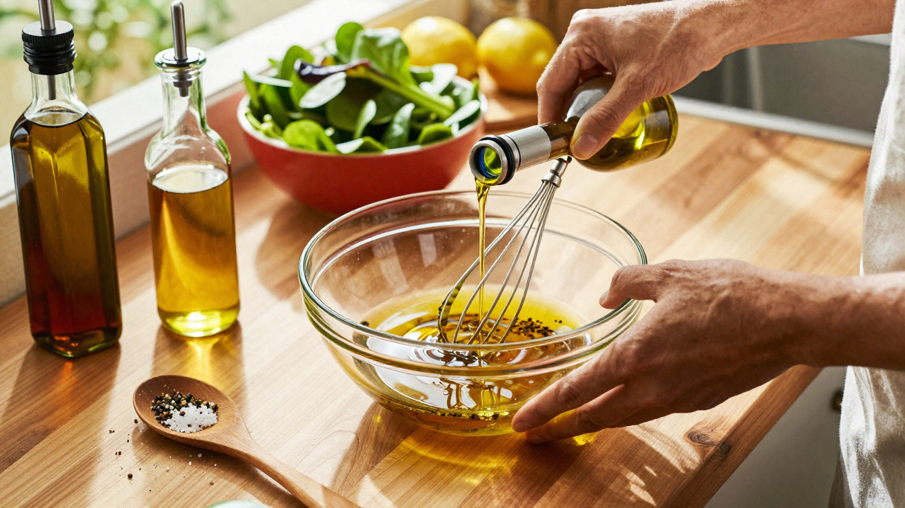 Pessoa a preparar molho de azeite e vinagre numa taça de vidro, com tigela de salada ao fundo.