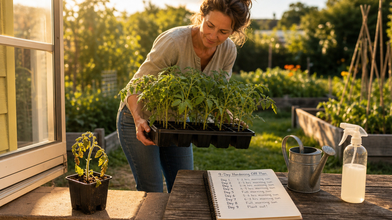 Mulher a cuidar de plantas num jardim com regador, pulverizador e plano de cultivo sobre uma mesa de madeira.
