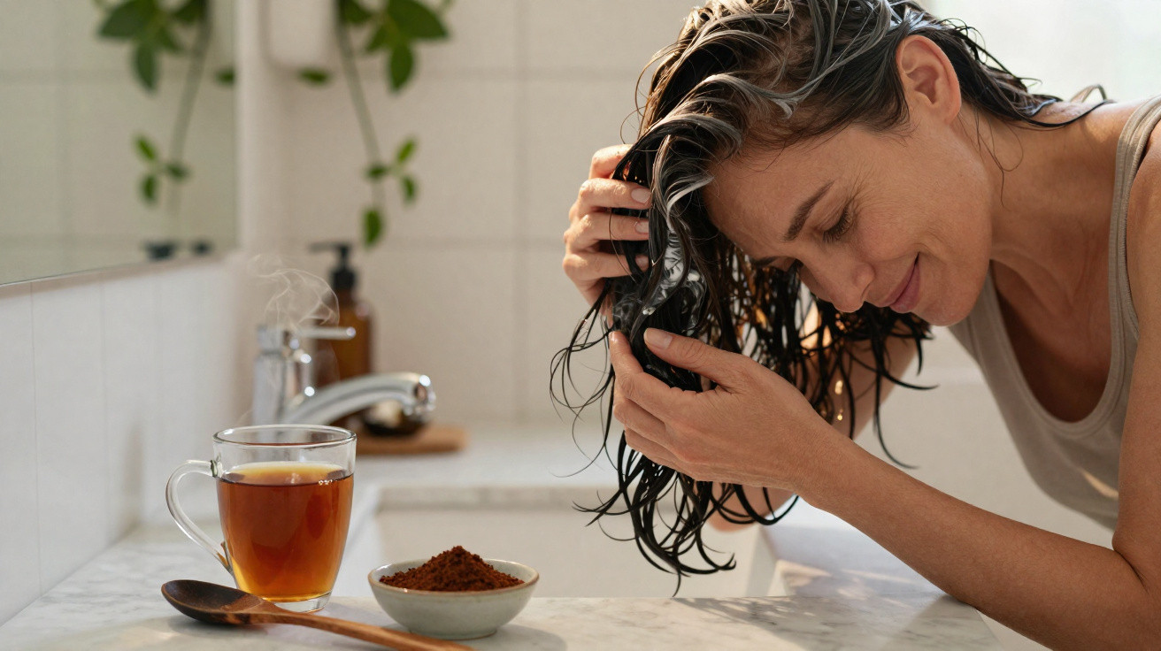 Mulher a aplicar máscara capilar, com cabelo molhado, numa casa de banho com chá e café em pó na bancada.