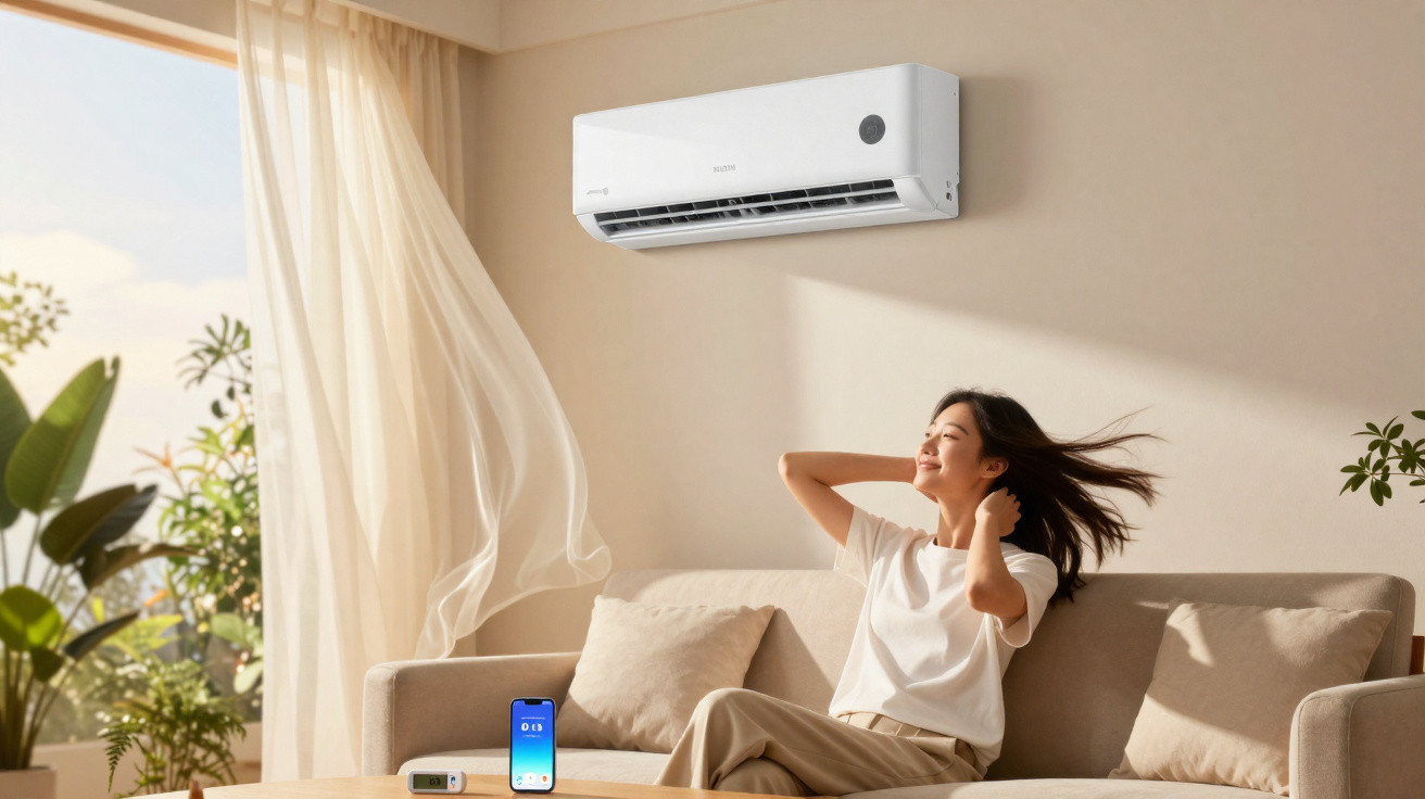 Mulher relaxa no sofá de uma sala iluminada, com ar condicionado a funcionar e cortinas ao vento.