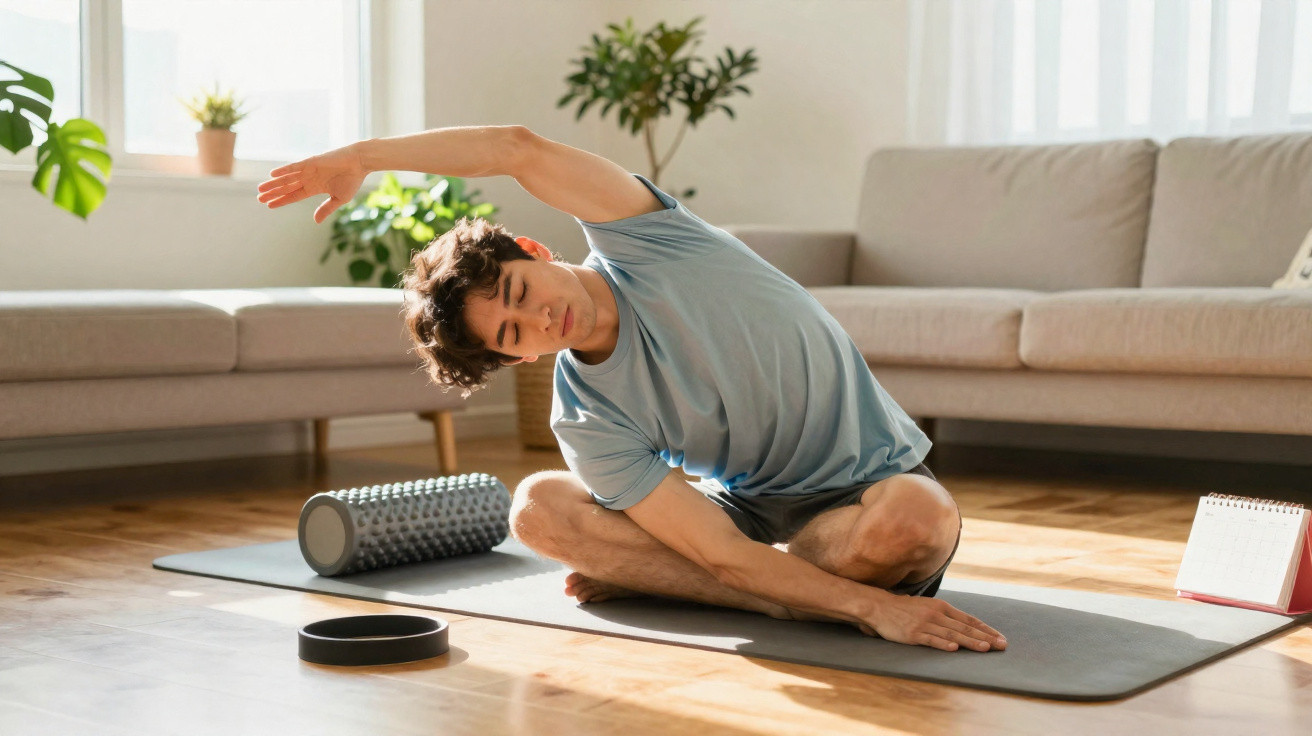 Homem a praticar yoga em casa numa sala iluminada, sentado no tapete a fazer alongamentos laterais.
