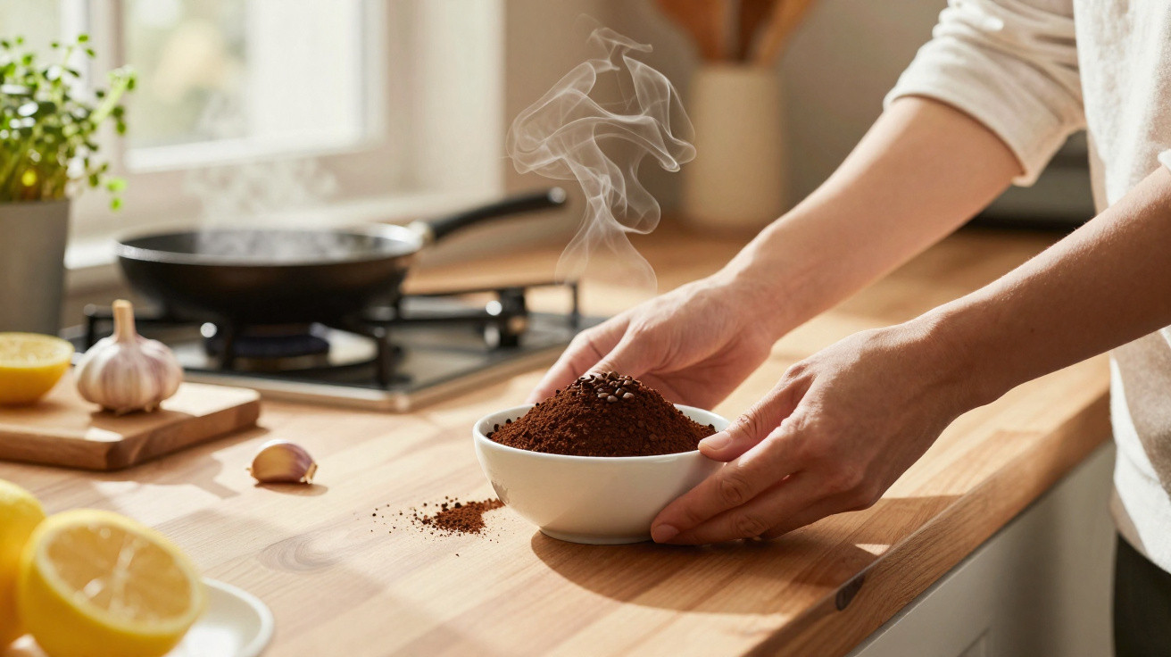 Mãos seguram tigela com café moído quente a libertar vapor numa cozinha com legumes e fogão ao fundo.