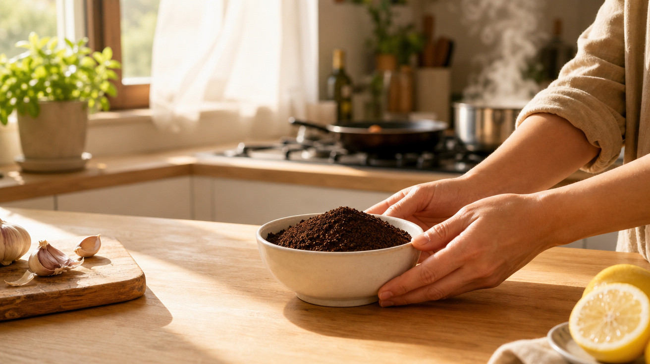 Mãos seguram tigela com café moído numa cozinha iluminada, com alho e limão sobre a bancada de madeira.