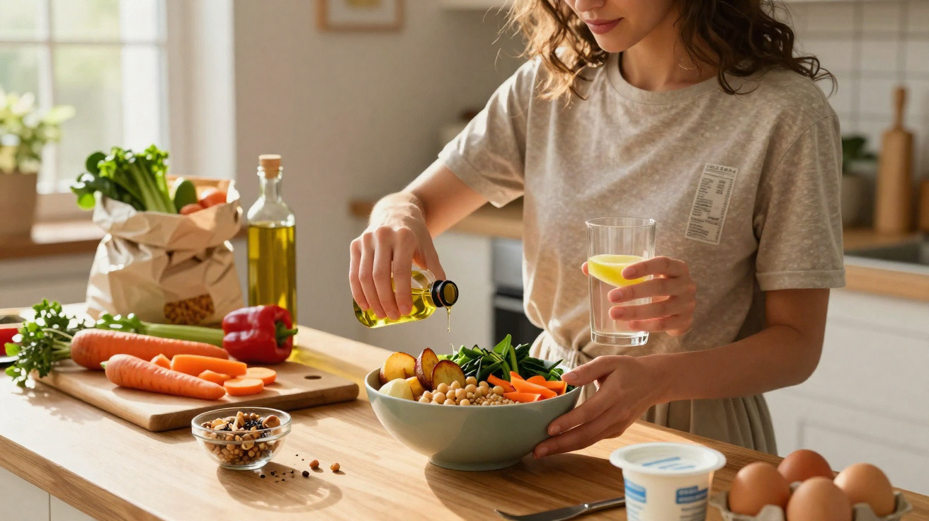 Mulher a temperar salada com azeite numa cozinha com legumes frescos e ovos sobre a bancada.