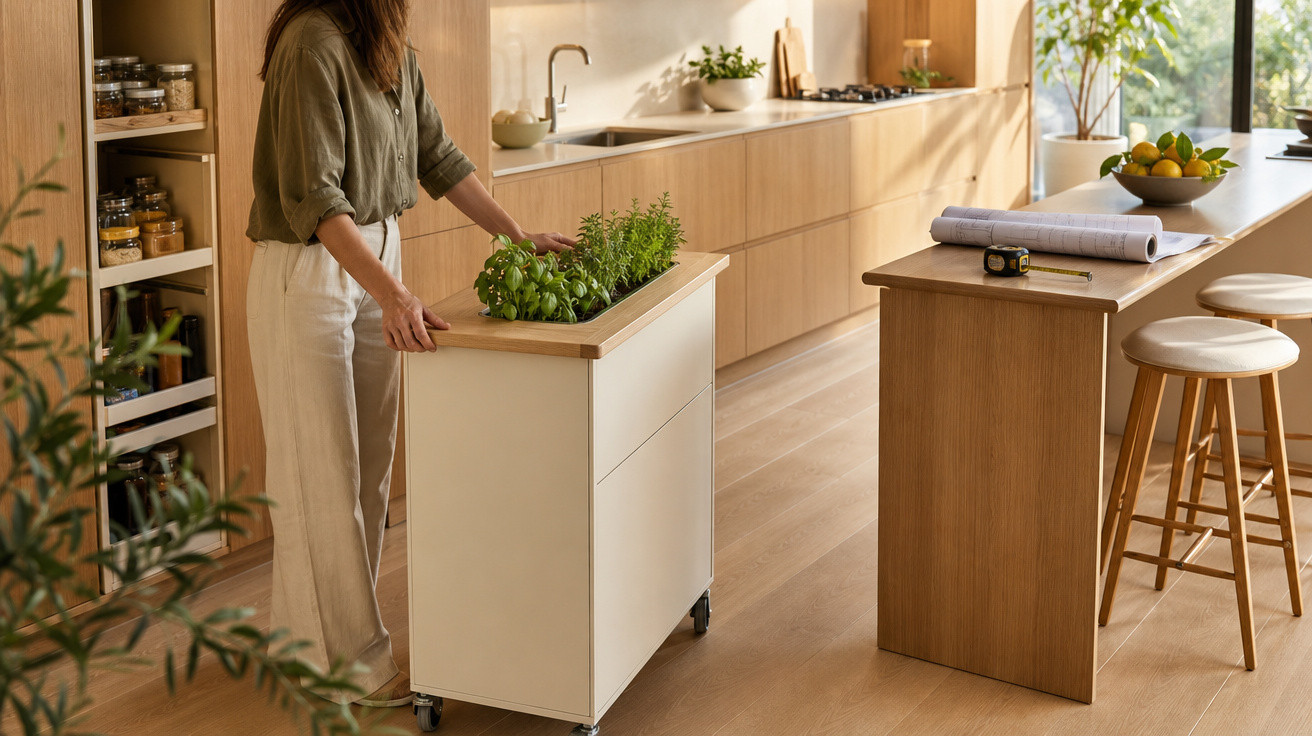 Mulher a transportar uma ilha móvel na cozinha moderna com plantas aromáticas e luz natural.