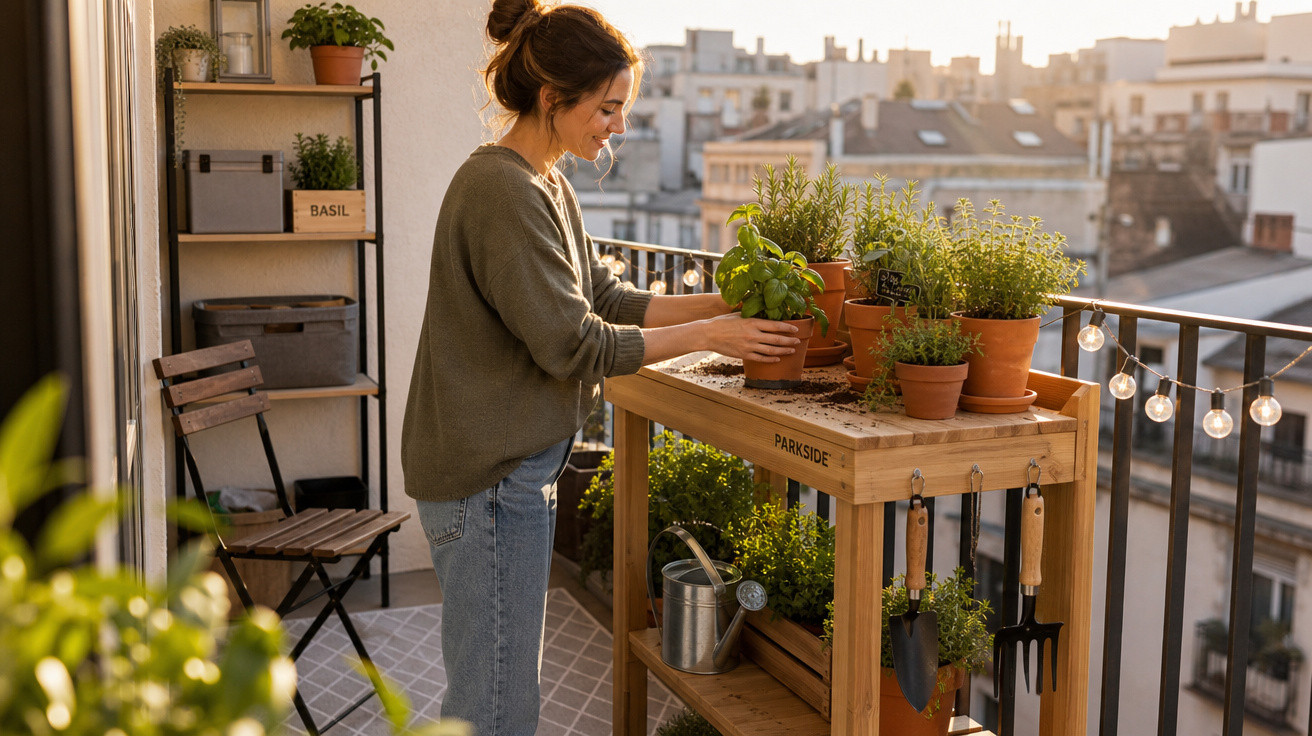 Mulher jardineira a cuidar de plantas em vasos num varandim urbano ao entardecer.