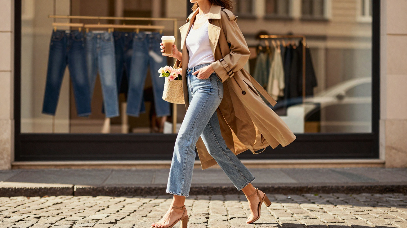 Mulher de gabardine bege, jeans e sandálias de salto, a andar numa rua com sacola e café na mão.