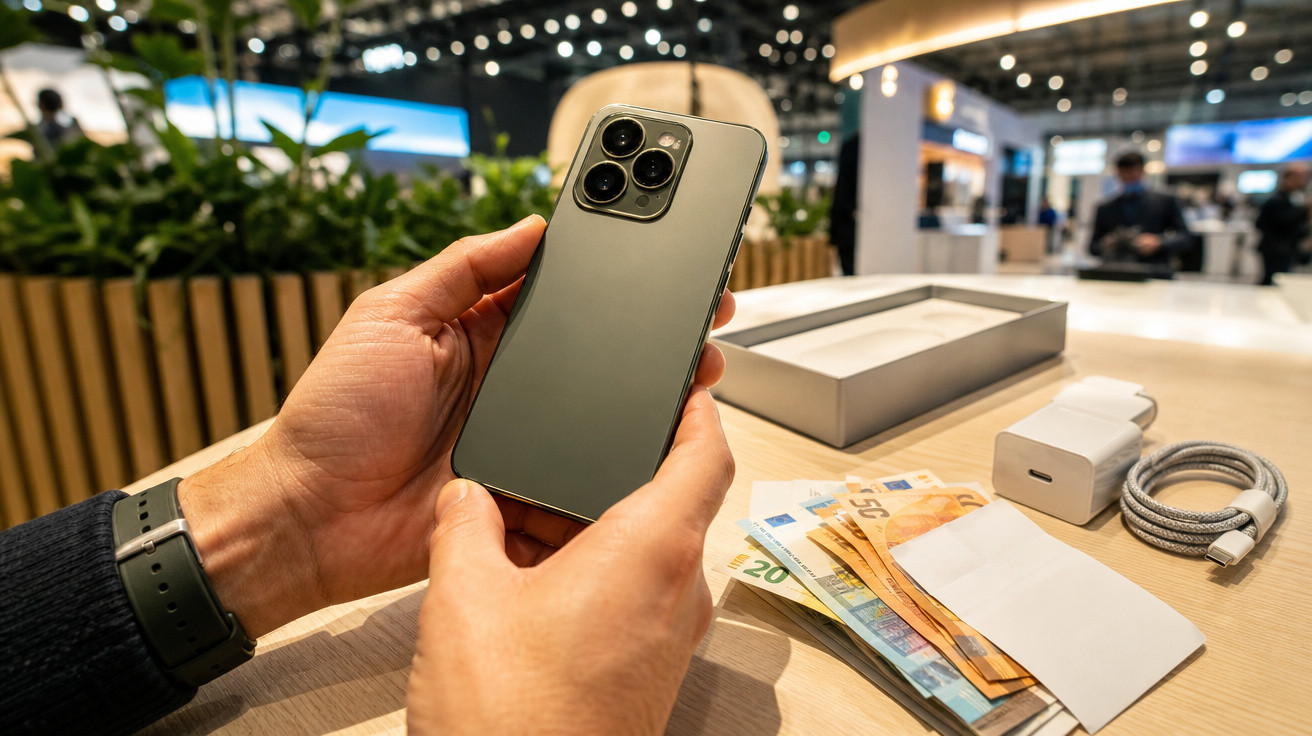 Pessoa segurando um smartphone novo com notas de euros, cabo USB e carregador numa mesa em loja.