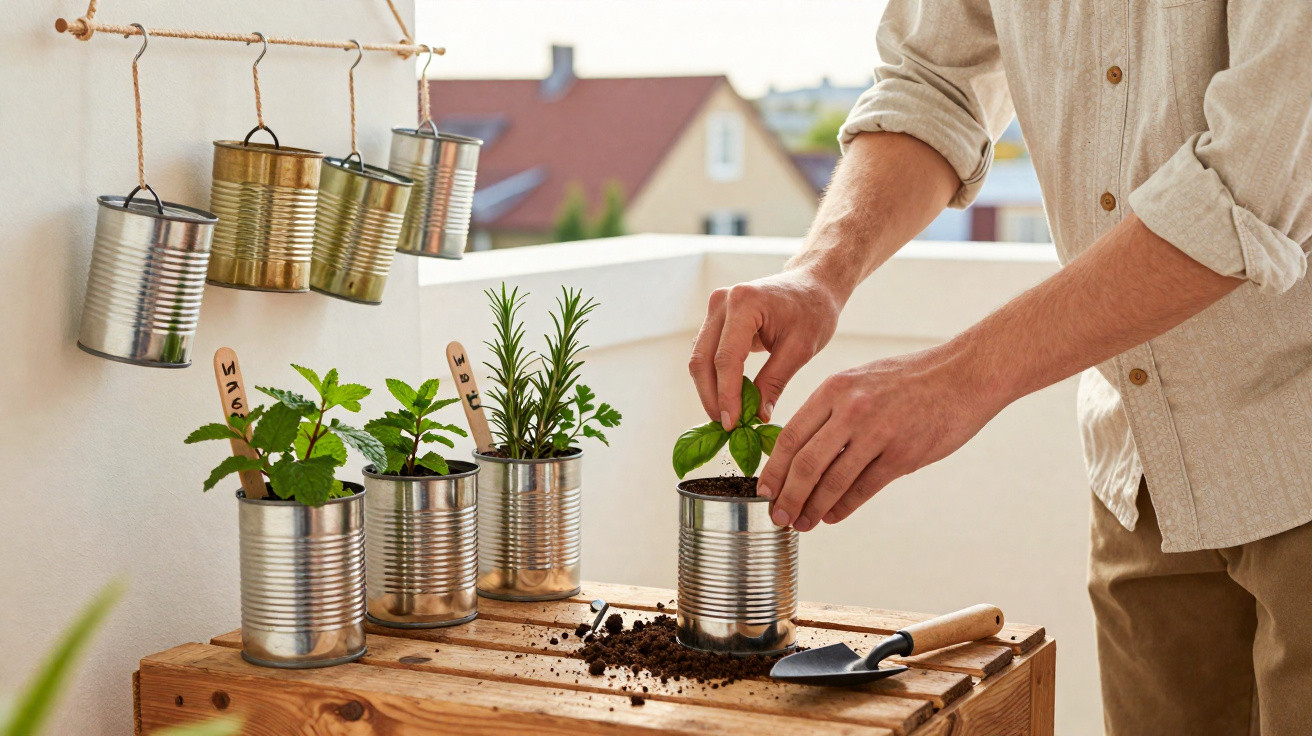 Pessoa a cuidar de ervas aromáticas plantadas em latas recicladas numa varanda com vista para o bairro.