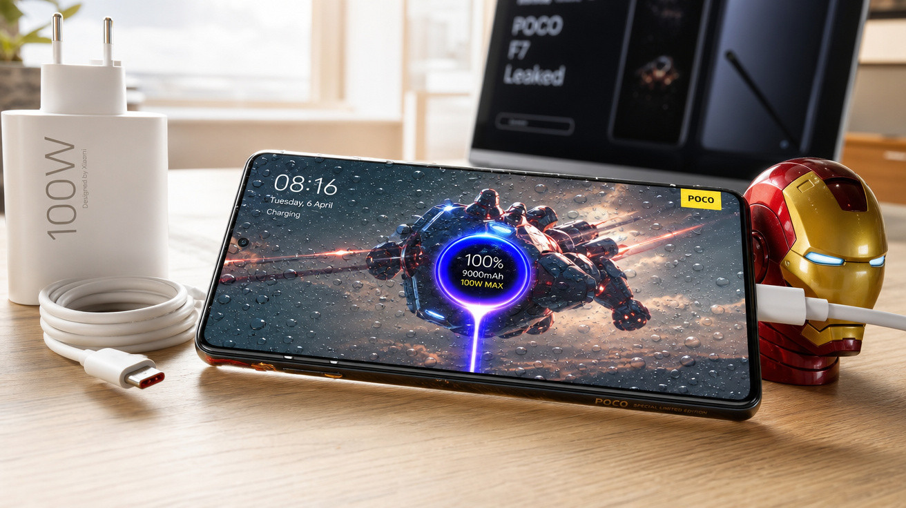 Smartphone POCO F7 a carregar com carregador rápido 100W e suporte em forma de capacete Iron Man.