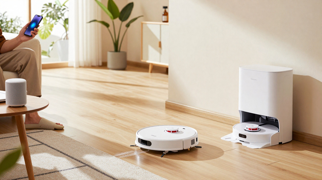 Robô aspirador branco a limpar chão de madeira com base de carregamento e pessoa a controlar por smartphone.